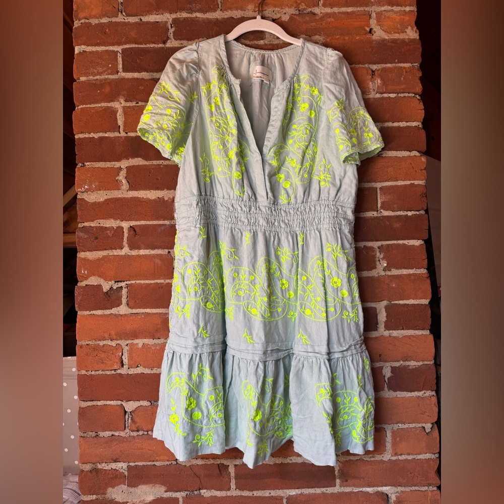 Anthropologie Light Blue Dress with Neon Yellow Embroidery